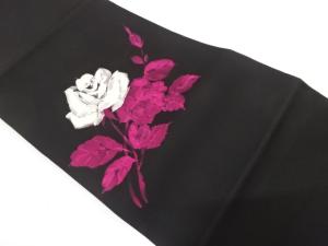 塩瀬　手描き　薔薇模様　名古屋帯